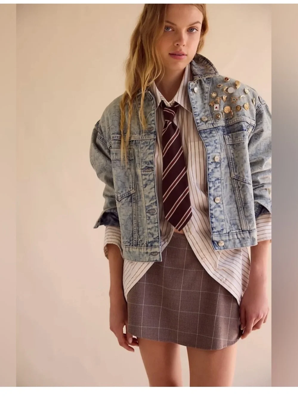 1461. FREE PEOPLE We The Free Opal Swing Jacquard Denim Jacket in Letters Wash - Picture 2 of 10